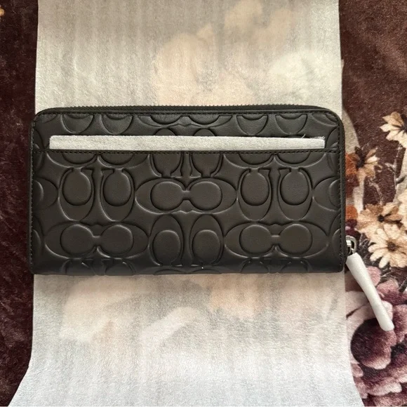 COACH Embossed Signature Leather Accordion Black Gunmetal Zip Around Wallet NWT - Picture 11 of 12